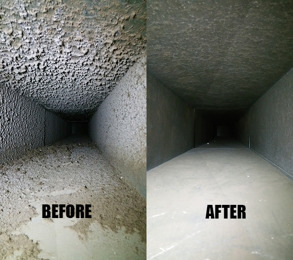 Before and after photos of cleaned ductwork