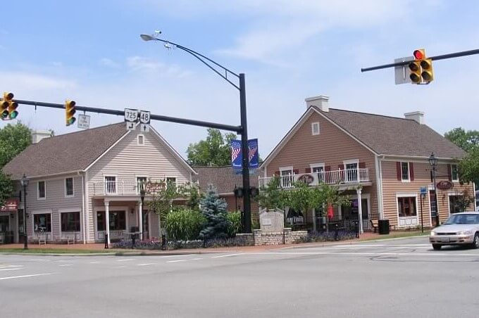 Street Corner in Centerville with shops